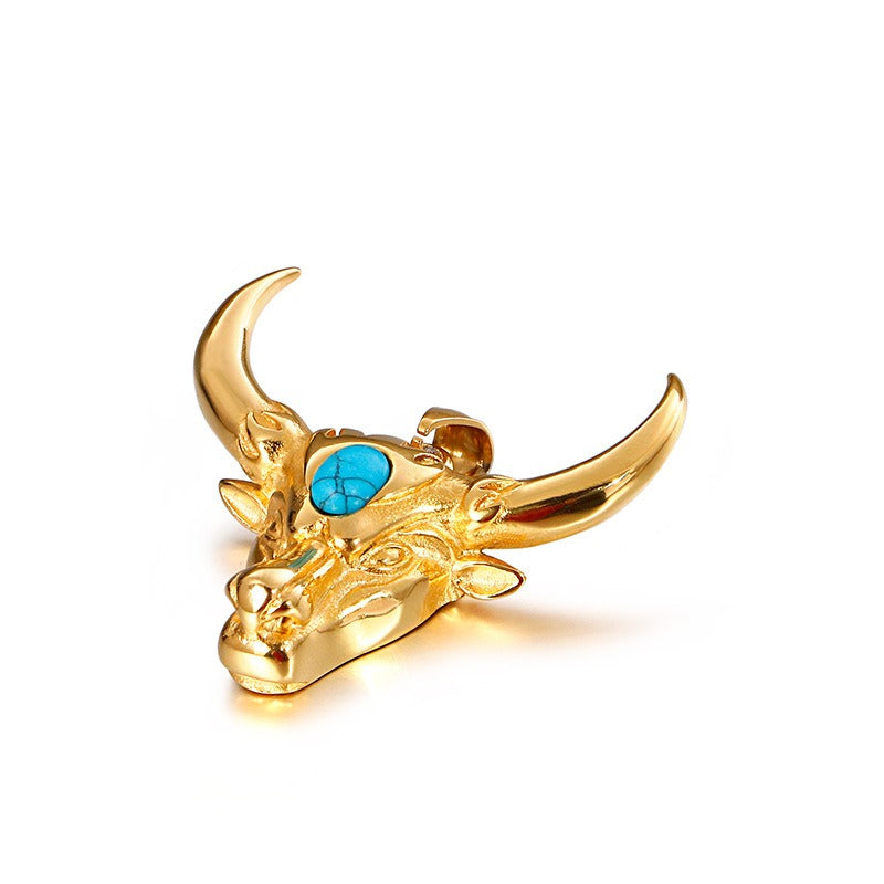 Kemstone Bull Horn Turquoise Pendant – Punk Titanium Steel Necklace for Men KP81530-K