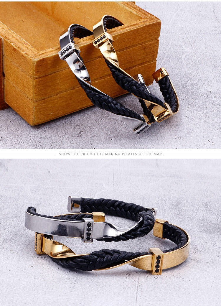 Kemstone Men’s Open Cuff Leather Bracelet – Braided Leather & Stainless Steel with Black Zircon | KB117781-KFC
