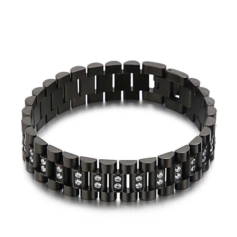 Kemstone Men’s Stainless Steel Zircon Watch Chain & Ring Set – 220mm Bracelet, 13mm Ring KB61656-K