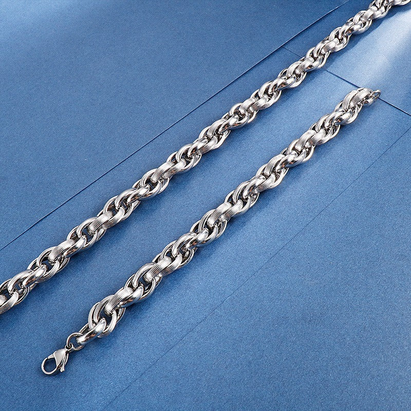 Kemstone Dual-Clasp O-Chain Set – Textured Stainless Steel Necklace & Bracelet for Men KB80794-Z