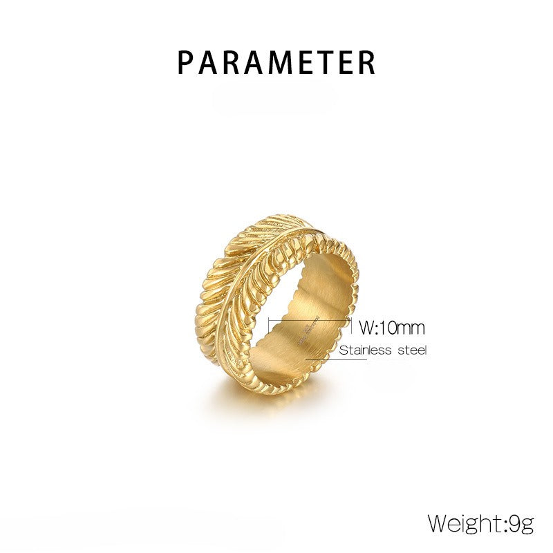 Kemstone Leaf Motif Titanium Steel Ring – Boho Gothic Nature-Inspired Punk Jewelry for Men KR108704