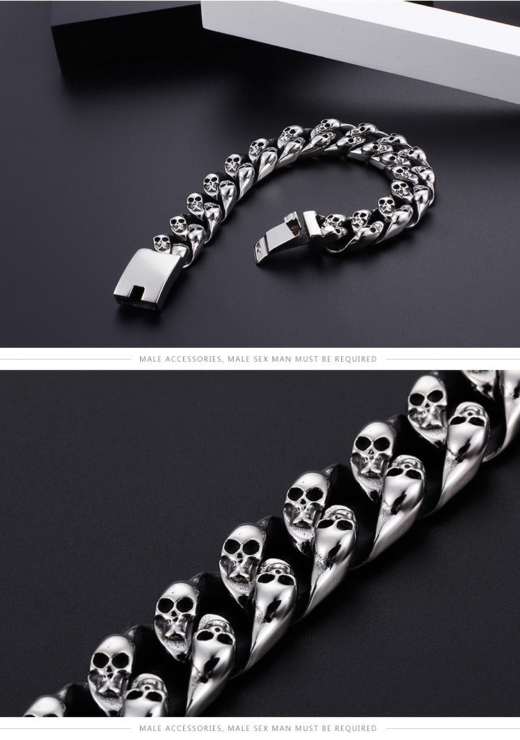 Kemstone Titanium Steel Men's Bracelet - Bold Skull Design with Thick Chain for Edgy Streetwear Style KB80115-BD
