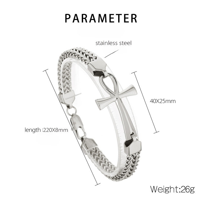 Kemstone Titanium Steel Rock 'n' Roll Dual-Weave Chain Bracelet with Vintage Cross Pendant KB164177-KFC
