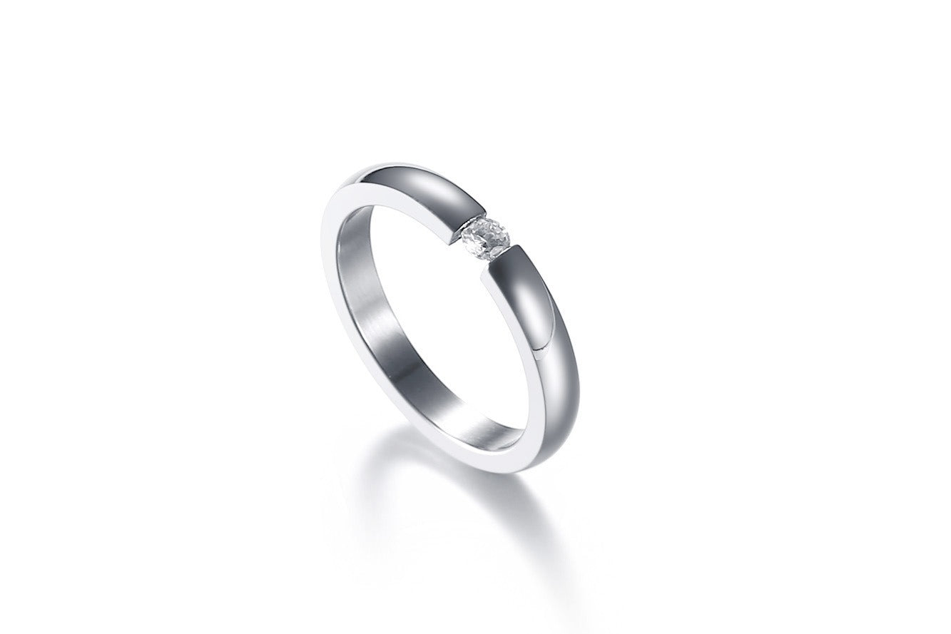 Titan Steel Rune Band – Gothic Minimalist Ring with Inset Zircon R-023