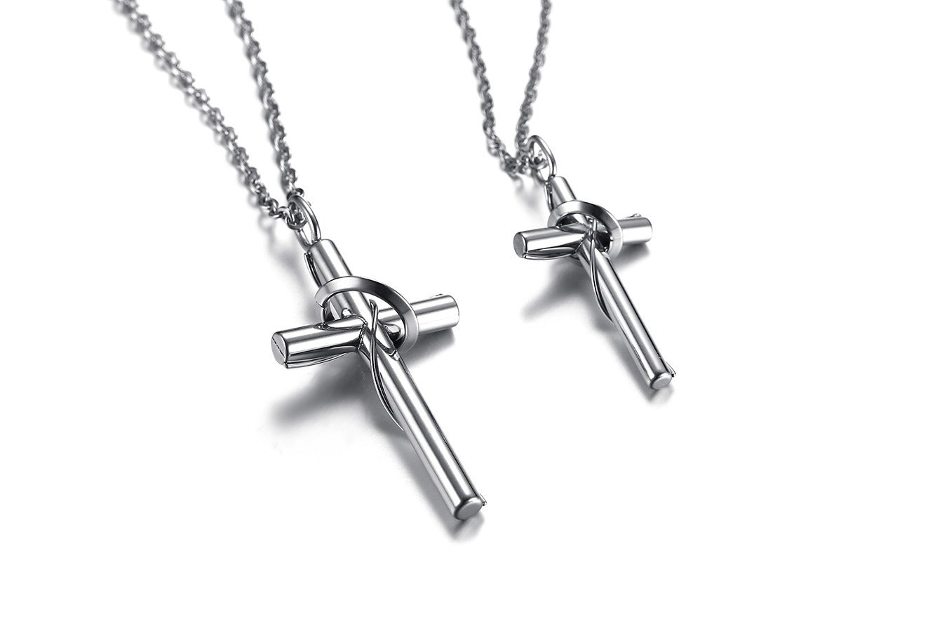 Conjunto de collar con cruz de acero inoxidable – Colgante de pareja con hoja retorcida CN-081