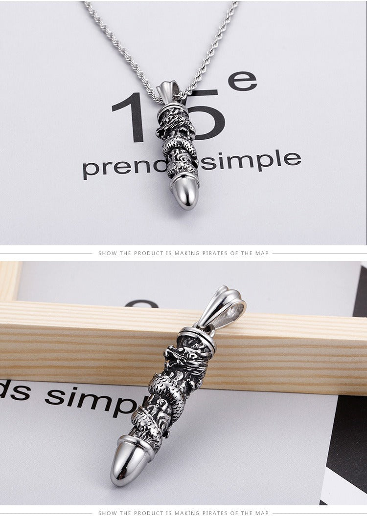 Kemstone Dragon-Wrapped Bullet Pendant – Titanium Steel Necklace for Men, Rugged Norse-Inspired Urban Style KP55643