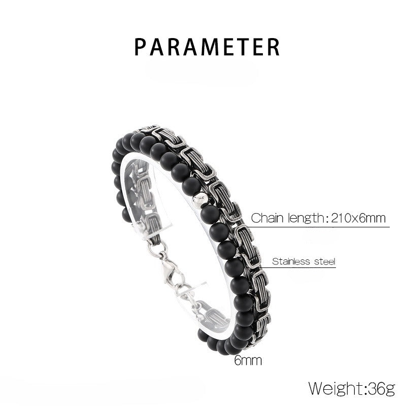 Kemstone Double Chain Bracelet for Men – Stainless Steel & Black Agate Beads, Viking Punk Style