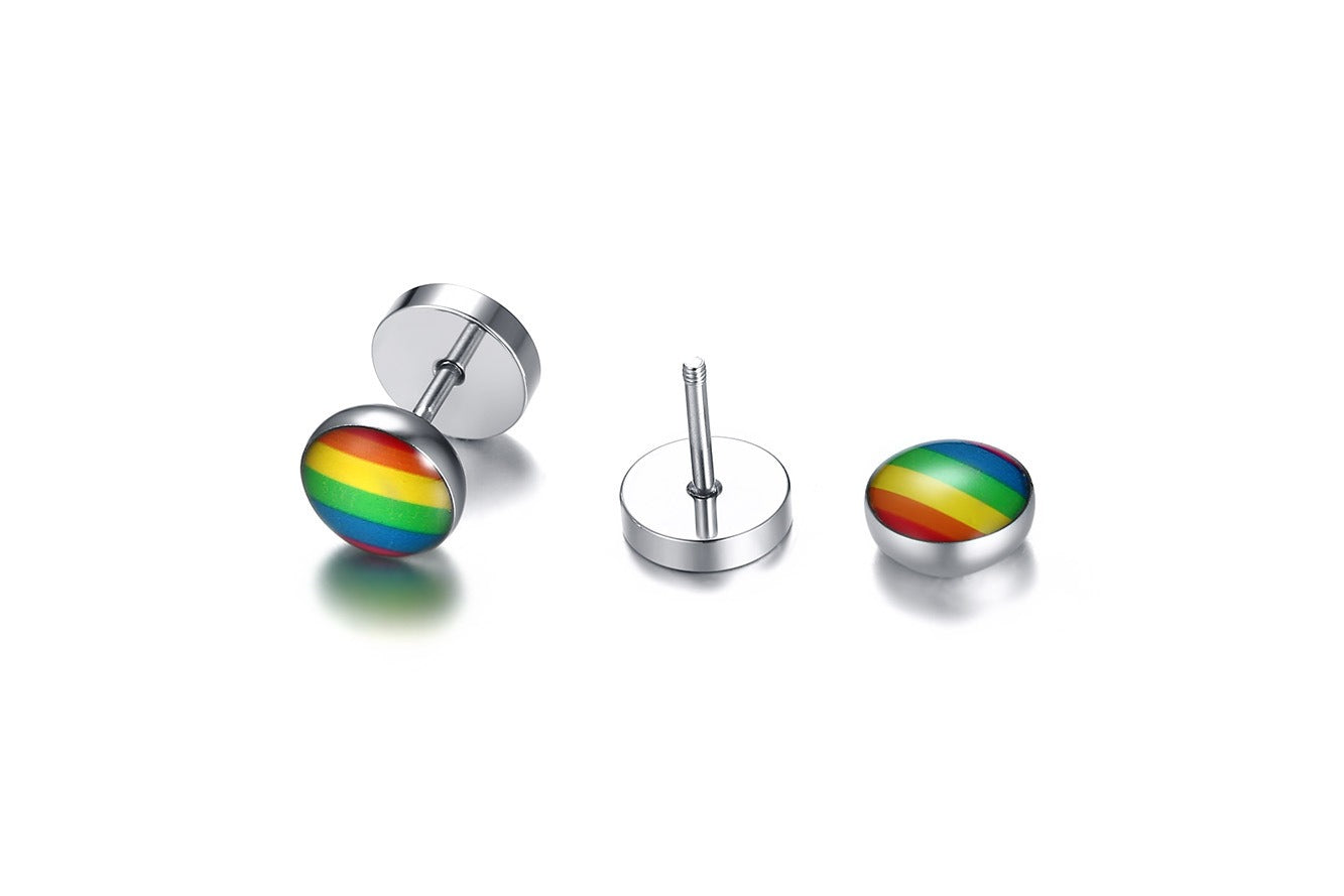 Rainbow Dumbbell Stud Earrings – Stainless Steel Pride Ear Jewelry | Street Gothic Color Edge PE-005