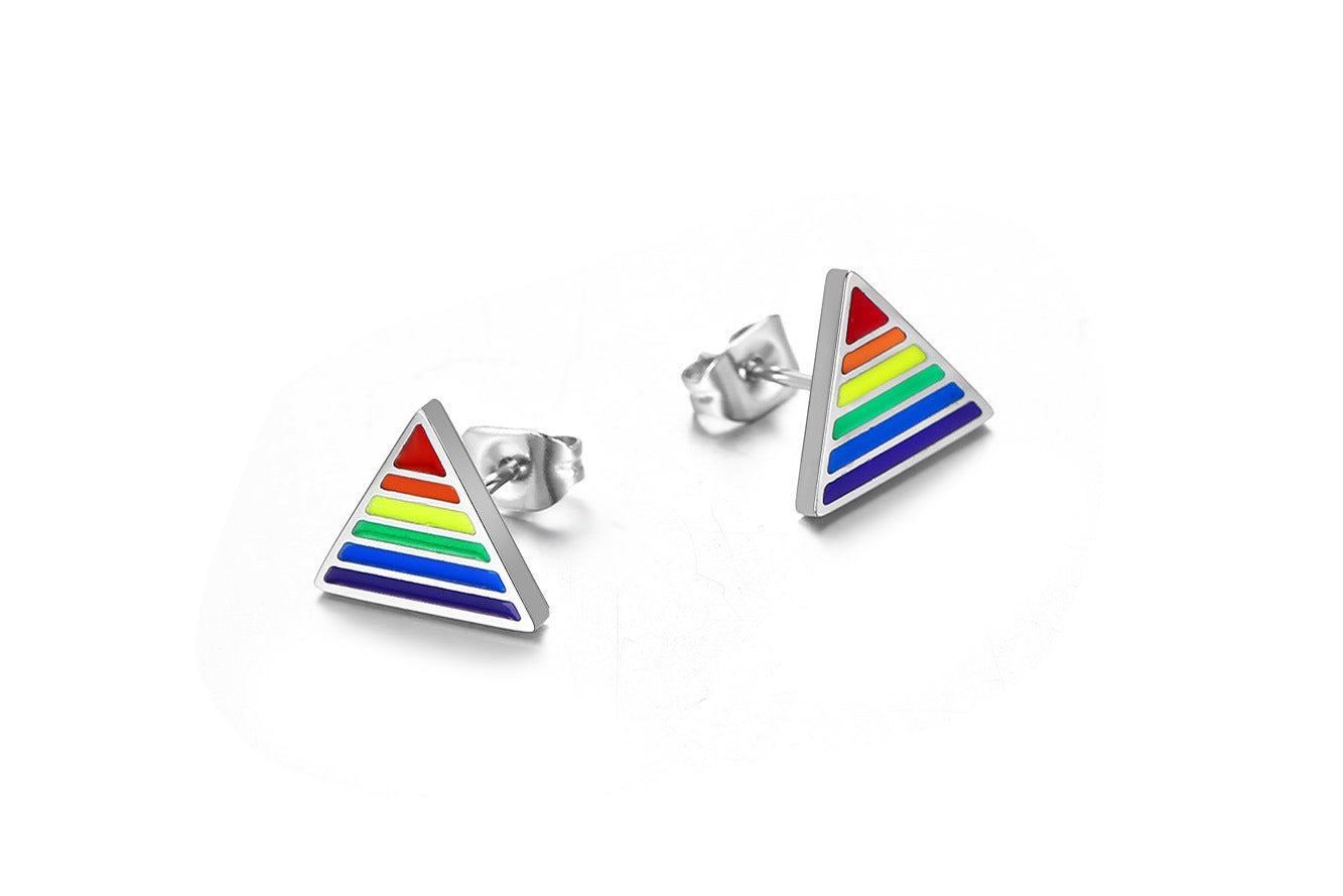 Stainless Steel Triangle Stud Earrings – Enamel Rainbow Edge for Men PE-003