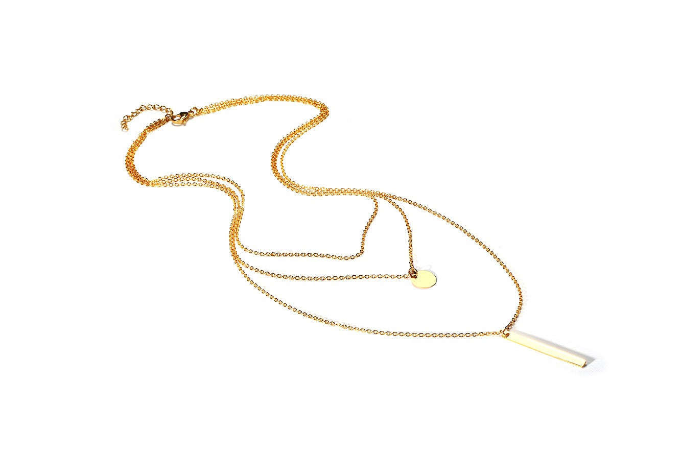 Geometric Triple Layer Necklace – Stainless Steel Bar & Circle Pendant in Gold | Gothic Minimalist Streetwear NC-428
