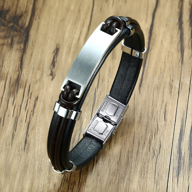 Men's Black Leather Bracelet with Matte Stainless Steel Plate – Gothic Street Power Style BL-344