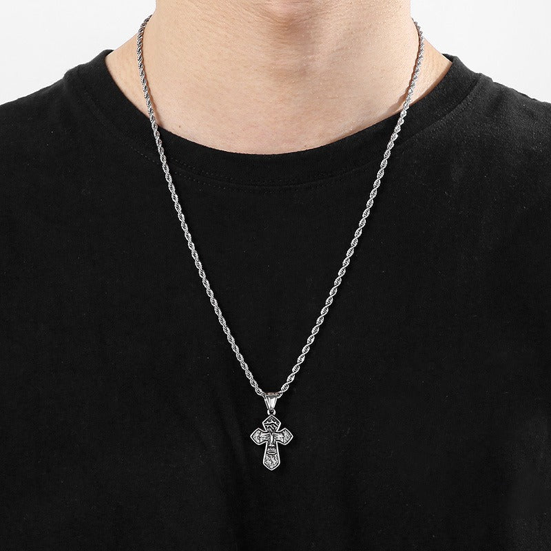 Kemstone Gothic Portrait Pendant – Titanium Steel Necklace with Crown & Turquoise Cross KP119878