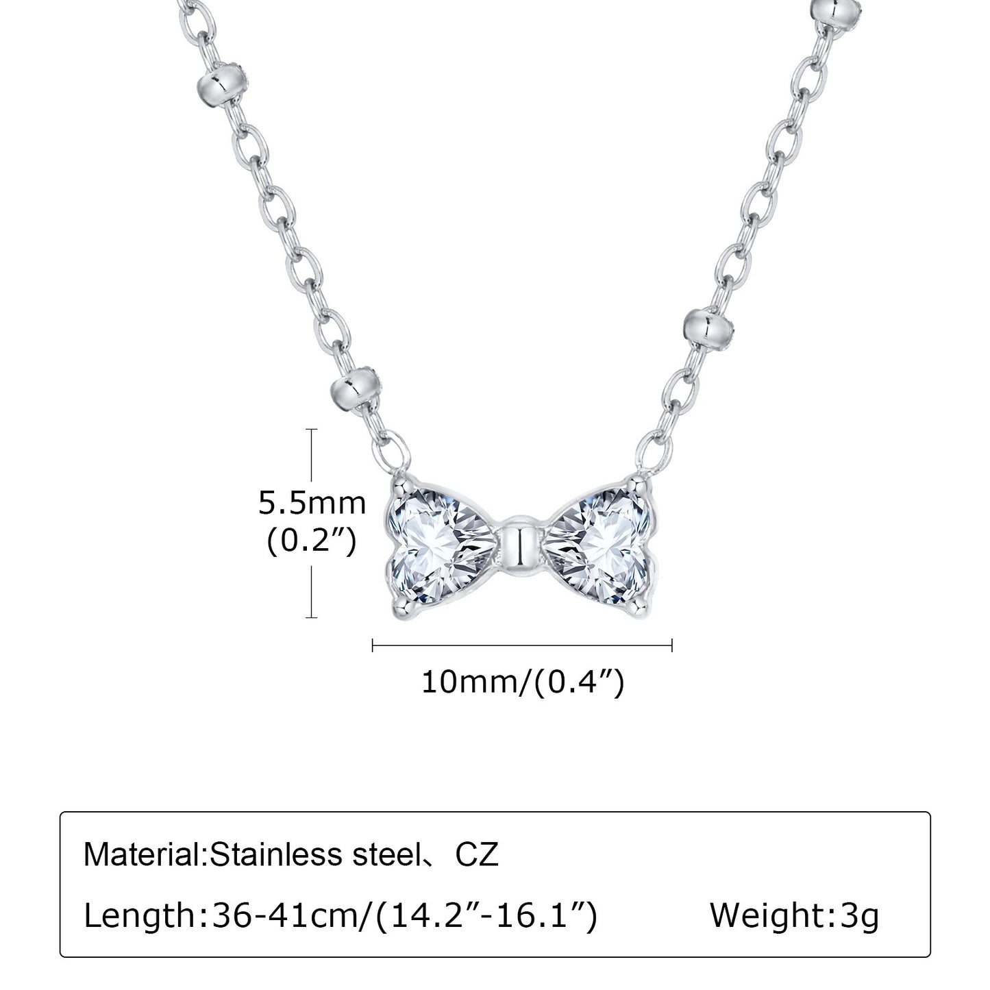 Delicado collar de lazo de acero inoxidable Kemstone con circonitas de cristal y cadena de cuentas. Joyería minimalista en tono dorado para mujer. NC-1718