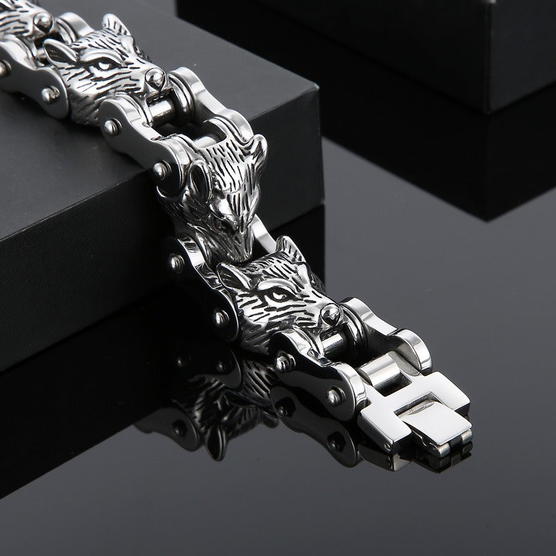 Kemstone Wolf Head Chain Bracelet – Titanium Steel Motorcycle-Inspired Men’s Jewelry KB152384