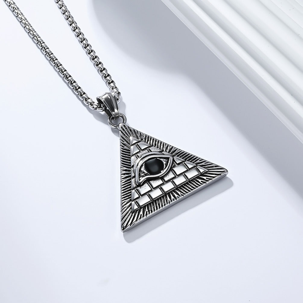 Kemstone Men’s Titanium Steel Pyramid Eye Necklace – Vintage Triangle Pendant K-PT660