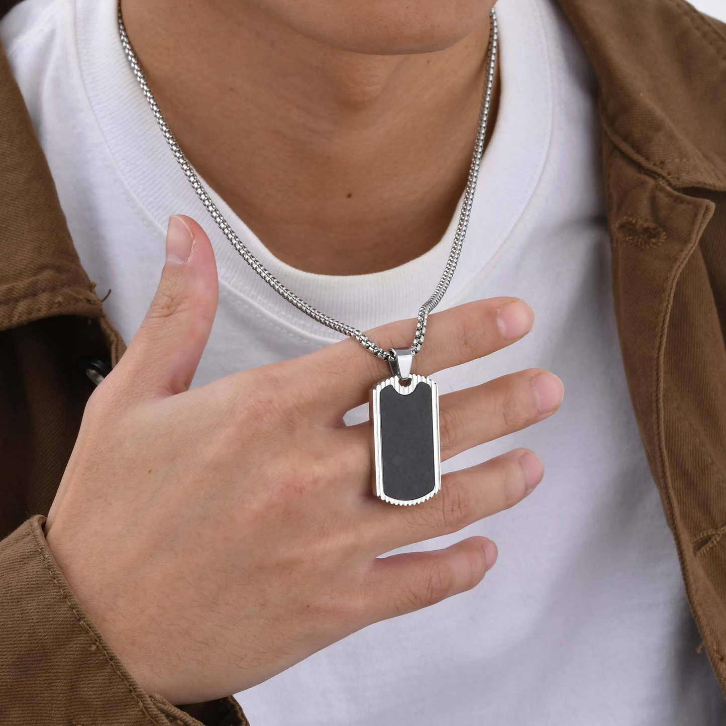 Kemstone Stainless Steel Carbon Fiber Rectangular Pendant Necklace for Men PN-2106