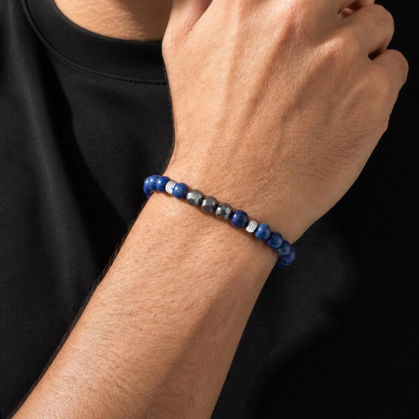 Kemston Lapis Lazuli Black Stone Beaded Bracelet for Men Stainless Steel Vintage Style BR-2917