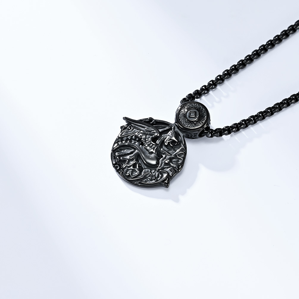 Kemstone Stainless Steel Dragon Pendant Necklace for Men Round Celtic Pattern Silver Black K-PT482
