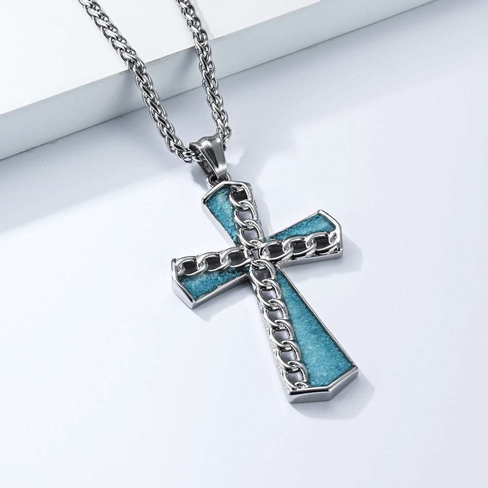 Kemstone Turquoise Inlay Stainless Steel Chain Cross Pendant Necklace for Men K-PT700