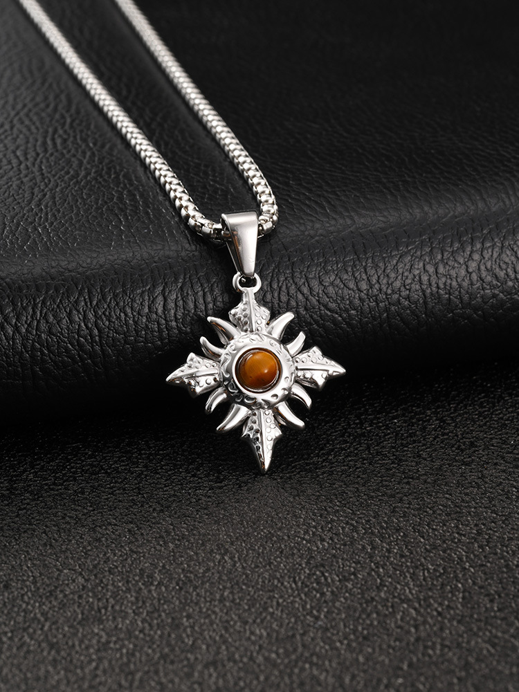 Kemstone Stainless Steel Tiger Eye Geometric Pendant Necklace for Men Silver PN-2346