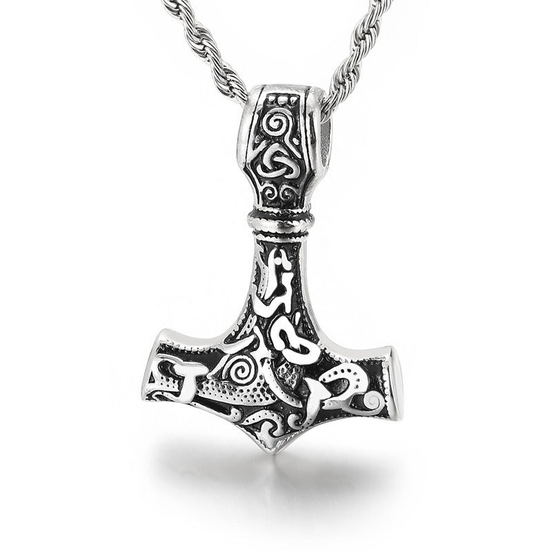 Kemstone Viking Thor’s Hammer Pendant – Stainless Steel Norse Amulet with Skull Connector KP96348