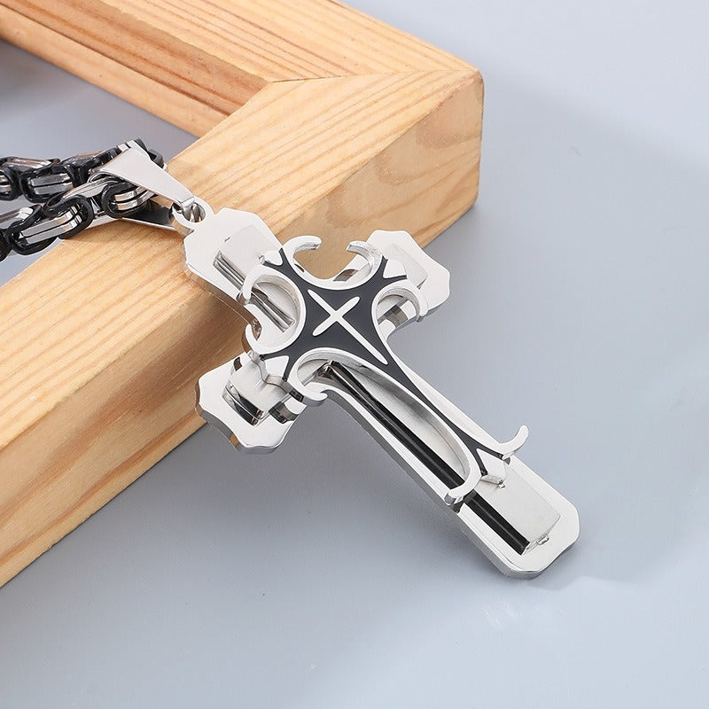 Kemstone Triple-Layer Gothic Cross Pendant Necklace – Stainless Steel Byzantine Chain KP78915