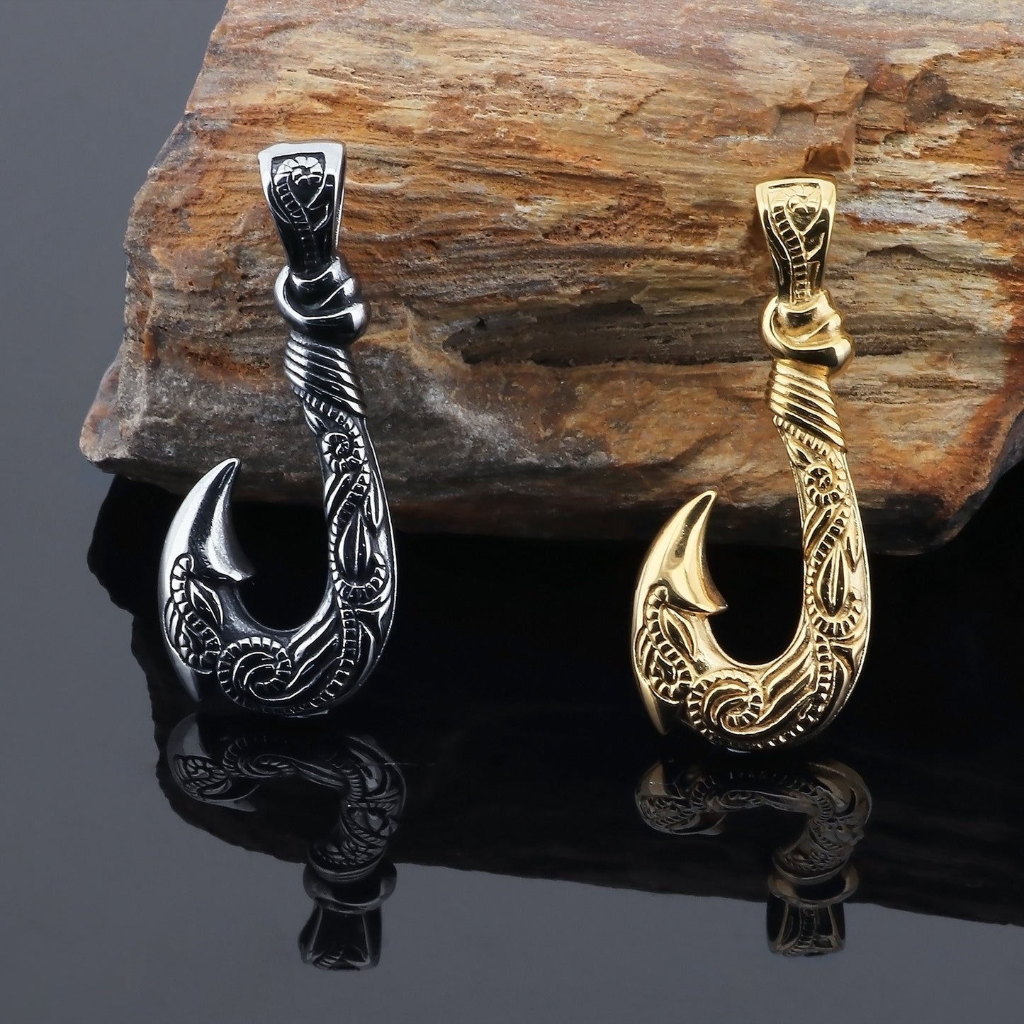 Kemstone Viking Fishhook Pendant Necklace – Rustic Titanium Steel for Men KP130377