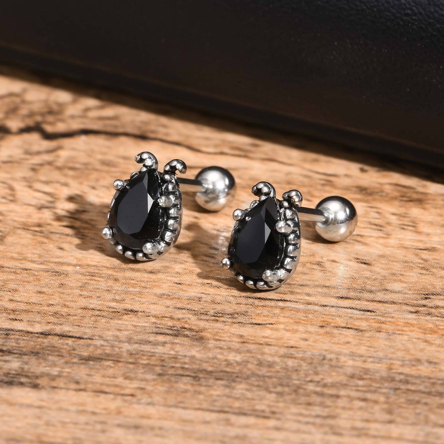 Kemstone Matte Black Steel Earrings – Geometric Zircon Studs for Men