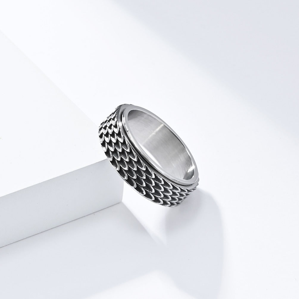 Kemstone Men’s Titanium Steel Dragon Scale Spinner Ring – Vintage Fidget Jewelry K-R810