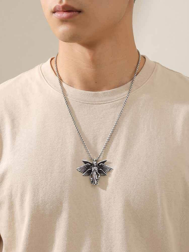 Kemstone Stainless Steel Wing Pendant Necklace for Men Vintage Gothic Silver PN2389