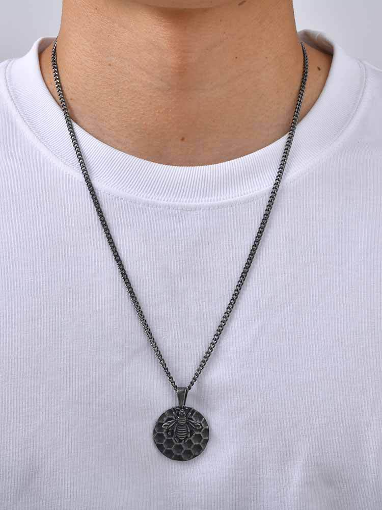Kemston Bee Honeycomb Pendant Necklace for Men Stainless Steel Vintage Design PN-2377
