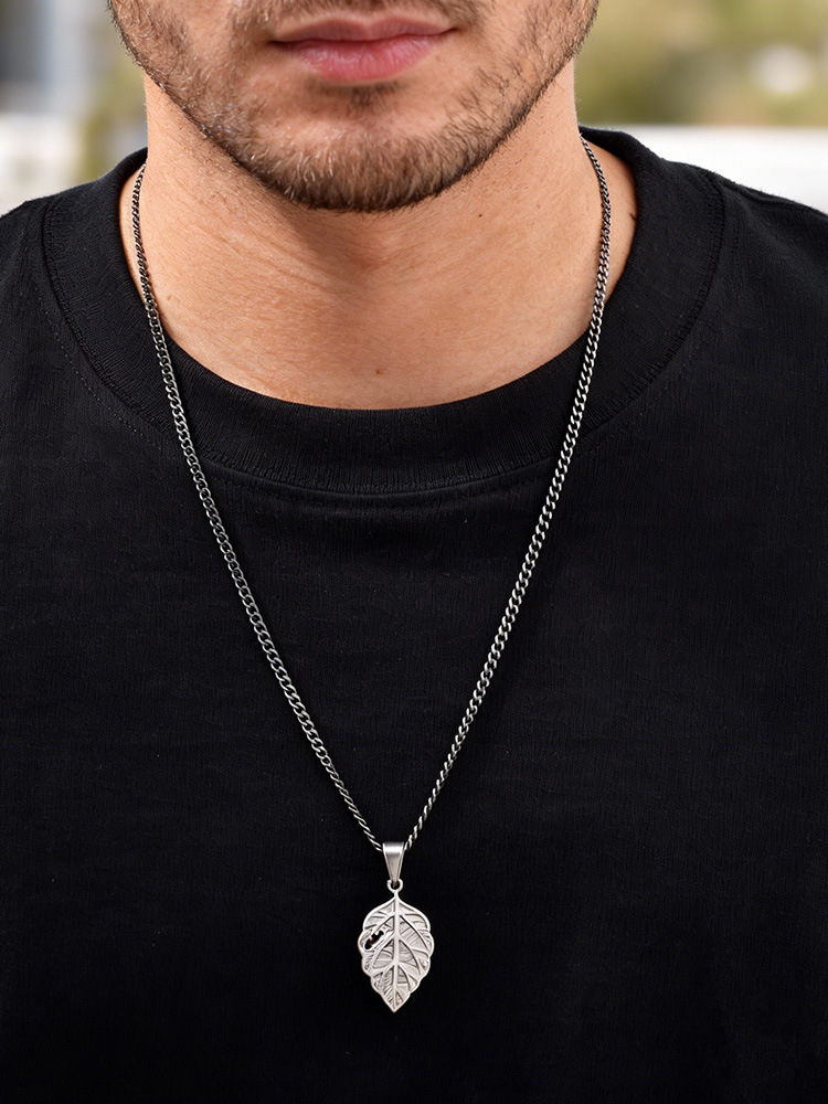 Kemstone Stainless Steel Leaf Pendant Necklace for Men – Vintage Nature-Inspired Design PN-2322