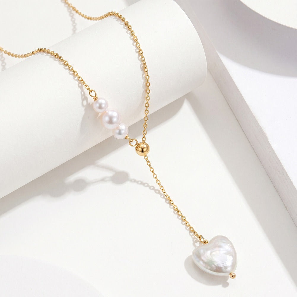 Kemston Baroque Heart Freshwater Pearl Y Necklace for Women 925 Sterling Silver Gold Tone GPN116