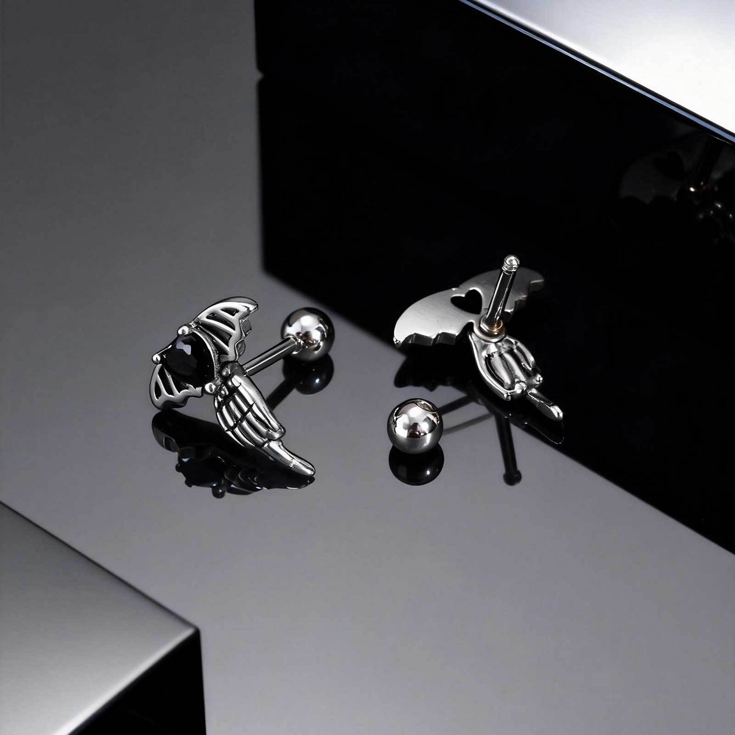 Kemstone Stainless Steel Black Cubic Zirconia Heart Wing Stud Earring for Men ES-769