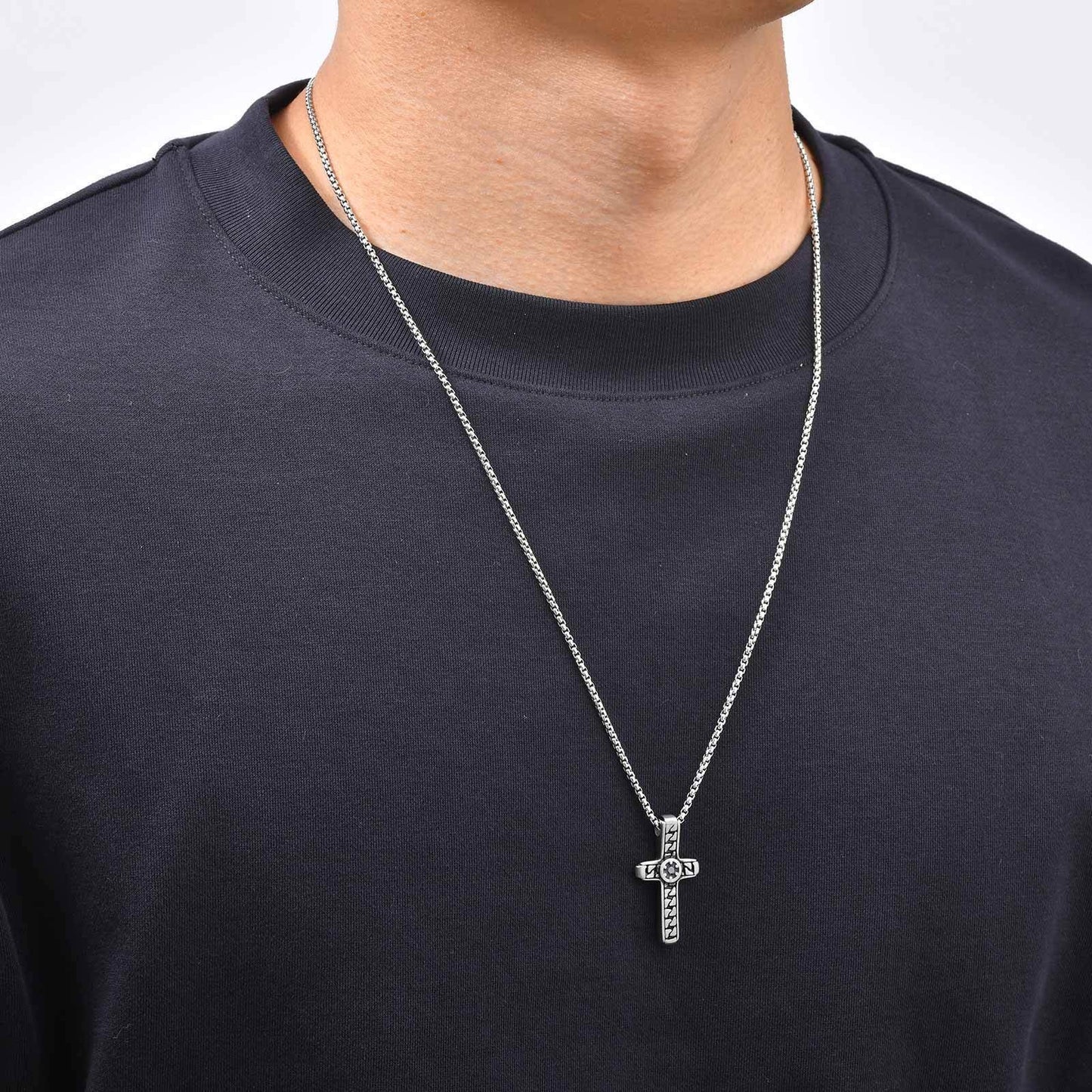 Kemston Stainless Steel Woven Texture Cross Pendant Necklace for Men PN-2394