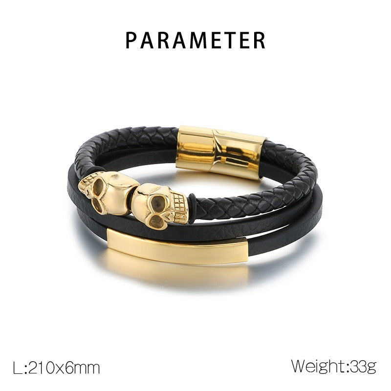 Kemstone Men’s Skull Leather Bracelet – Stainless Steel Punk Biker Jewelry KB180009