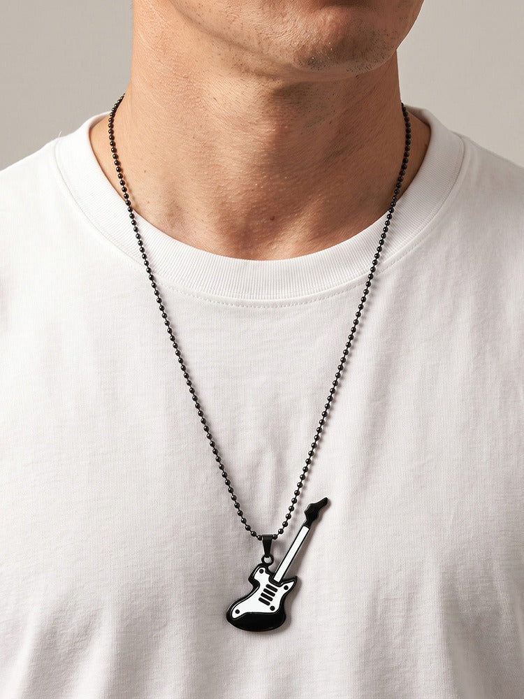 Kemston Black & White Guitar Necklace for Men Alloy Pendant Stainless Steel Chain NC-3027