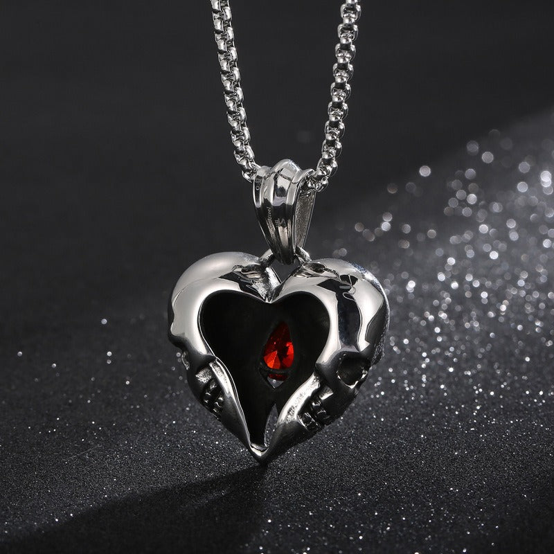 Kemstone Titanium Steel Skull Heart Necklace – Gothic Red Zircon Pendant KP98350