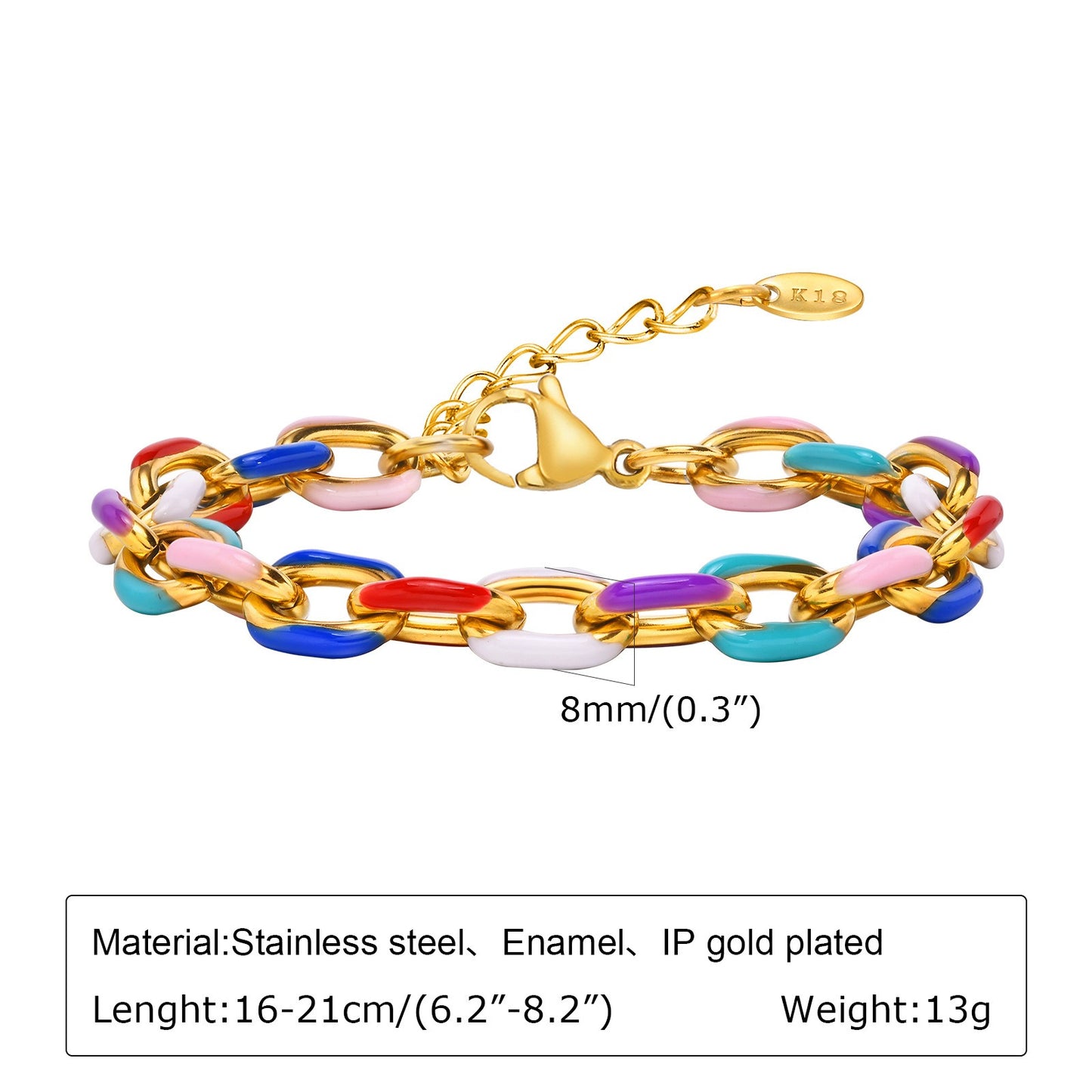 Pulsera Kemstone de acero inoxidable con cadena cubana de resina coloreada - Acabado en oro de 18 quilates, joyería de moda para mujer BR-1964