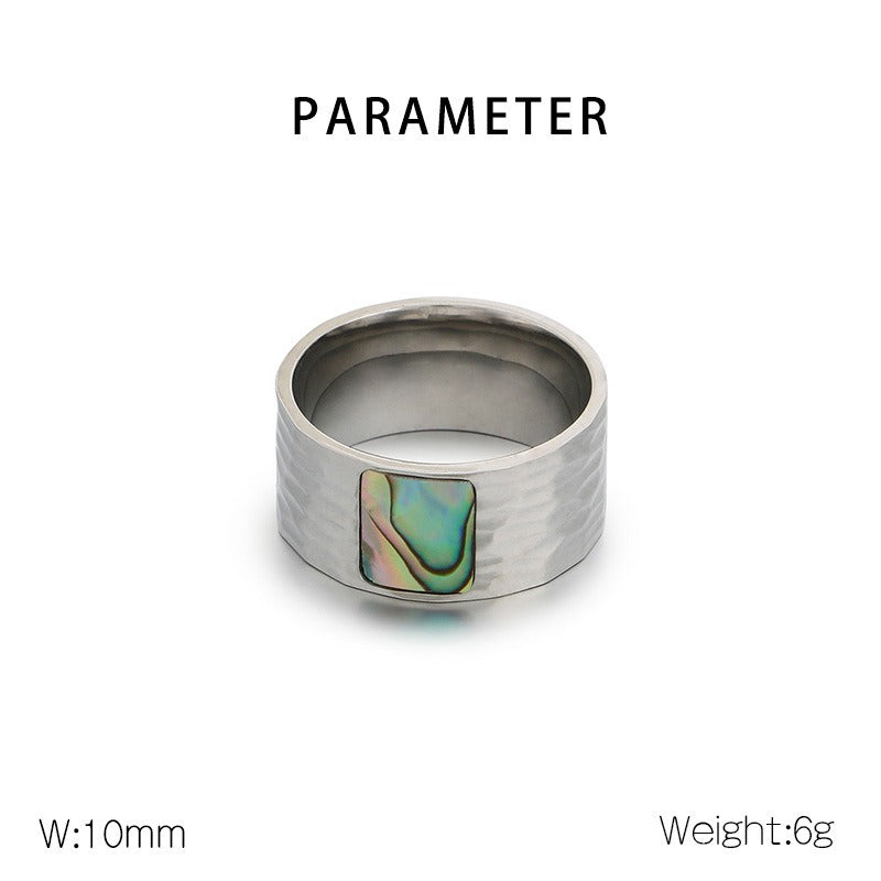 Kemstone Men’s Abalone Shell Ring – Hand-Hammered Stainless Steel Band KR110050