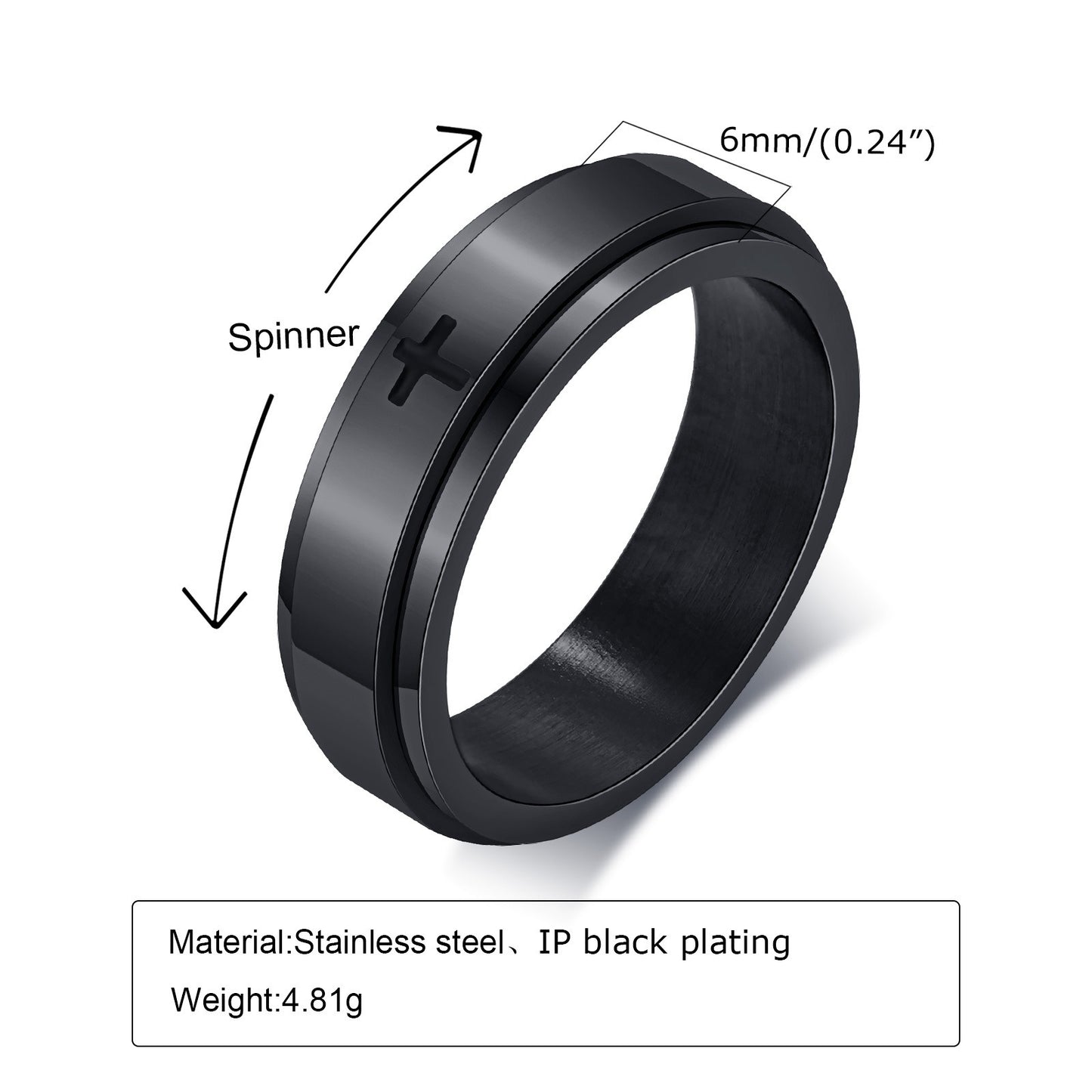 Kemstone Black Laser-Etched Cross Rotating Stainless Steel Ring – Gothic Industrial Men’s Jewelry R589