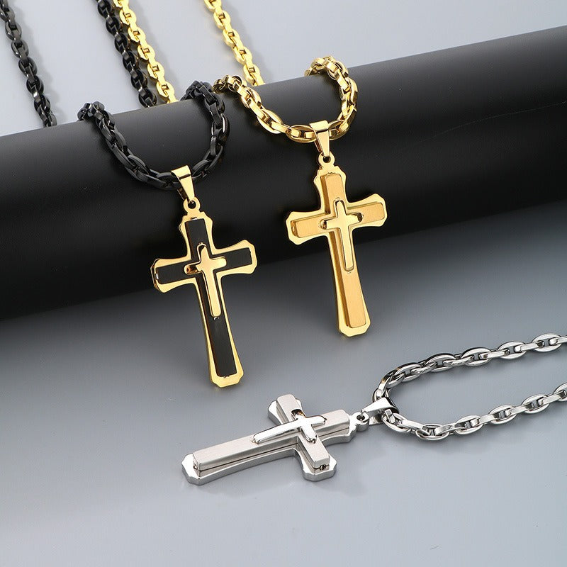 Kemstone Titanium Steel Vintage Bamboo Chain Necklace – Triple Cross Pendant for Men KN288587-K