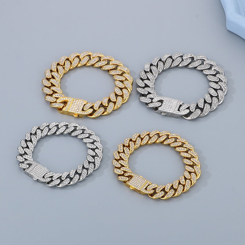Kemstone Iced Out Cuban Link Chain & Bracelet – Heavy-Duty Titanium Steel Hip-Hop Jewelry KB170711