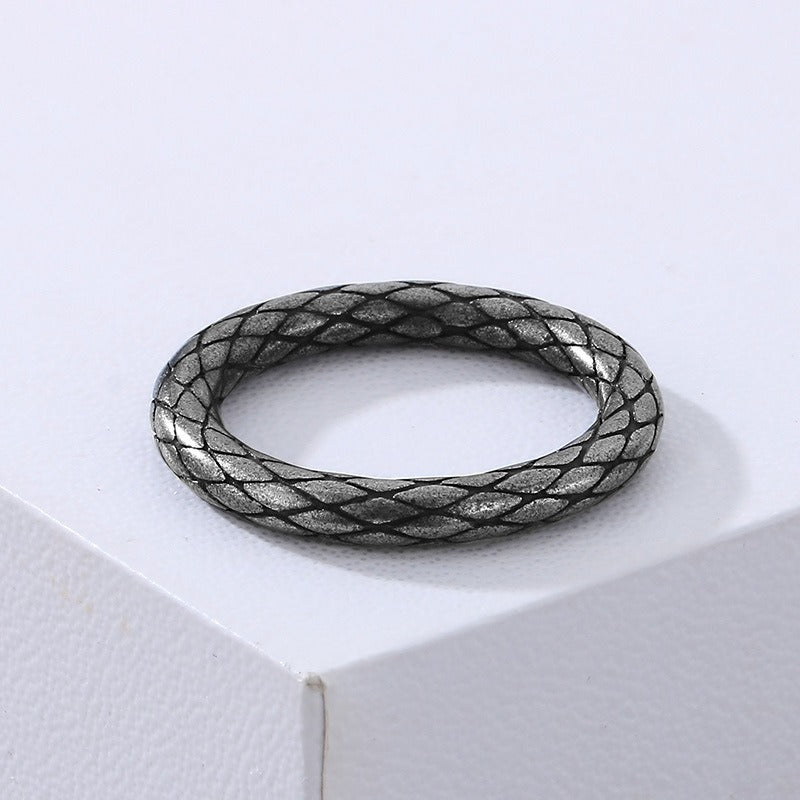 Kemstone Serpent Grid Ring – Distressed Stainless Steel Circle Band for Men | Gothic Punk Street Style KR1088455