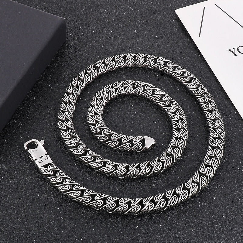 Kemstone Punk Vintage Distressed Geometric Buckle Men's Titanium Steel Inlaid Cubic Zirconia Cuban Chain Necklace KN232322