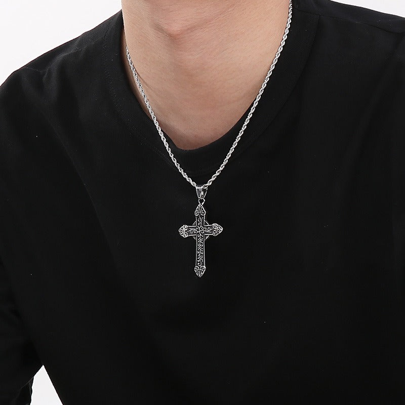 Kemstone Men’s Titanium Steel Trident Cross Necklace – Viking Eye of Horus Pendant, Black Zircon KP116389 60CM