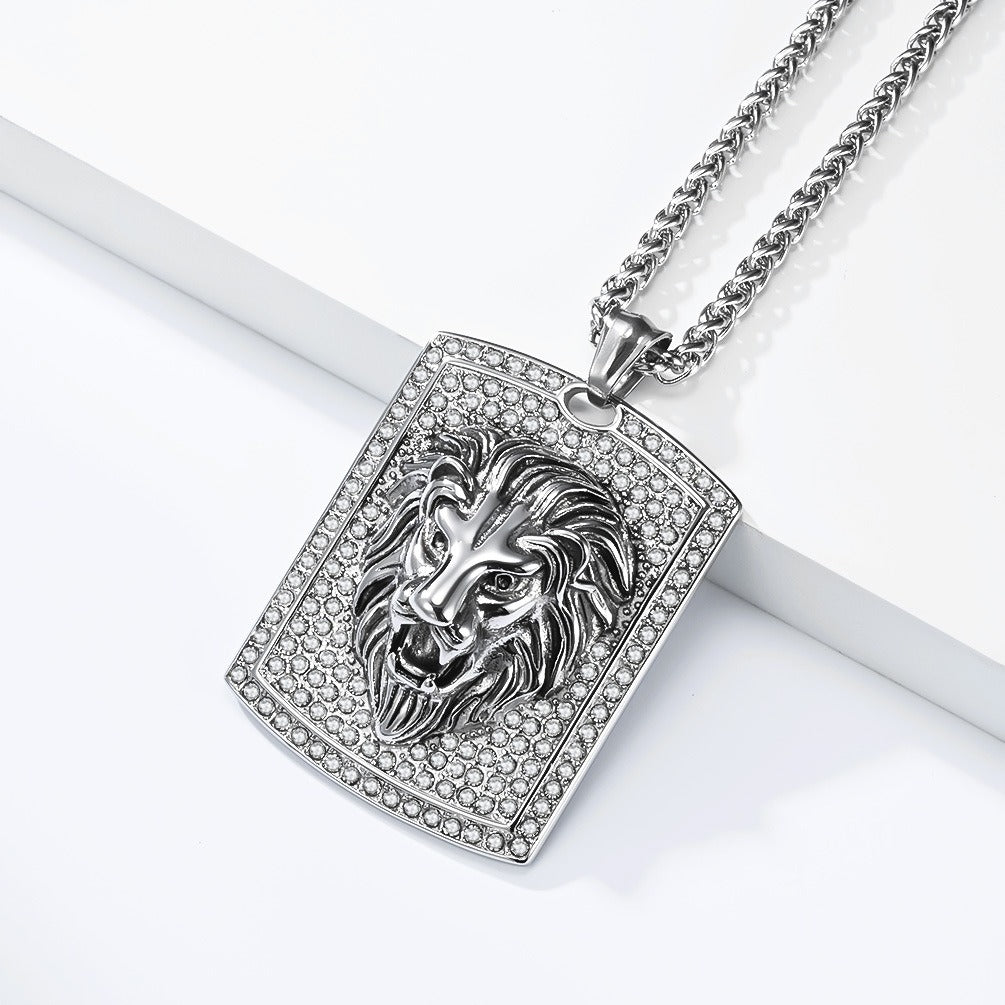 Kemstone Stainless Steel Lion Head Pendant Necklace for Men Iced Rhinestone Tag K-PT718