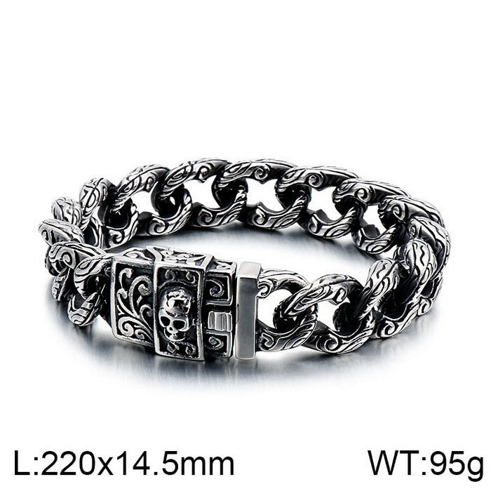 Kemstone Tribal Skeleton Chain Bracelet – Distressed Titanium Steel Men's Gothic Link Jewelry KB121932