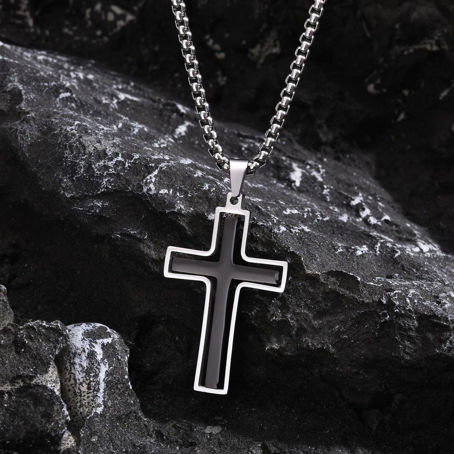 Men’s Rotating Cross Pendant Necklace – Gothic Dual-Layer Stainless Steel Chain PN-1998