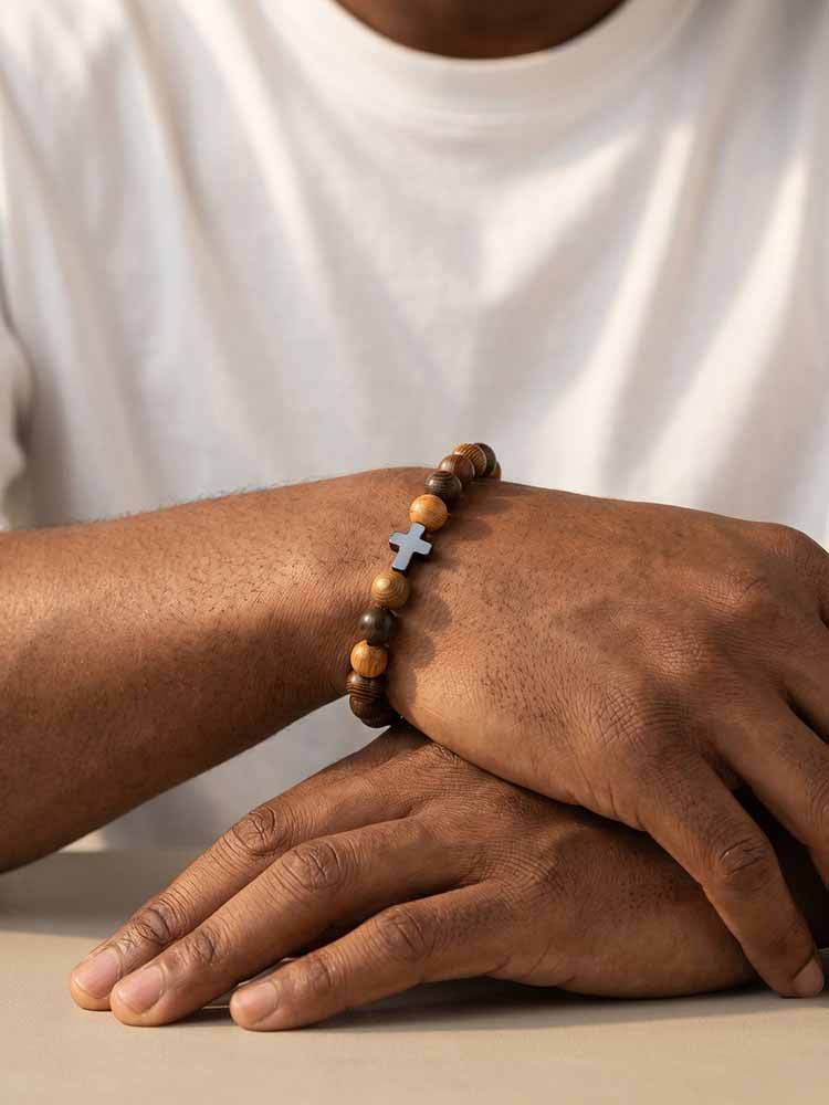Kemston Wenge Wood Bead Cross Bracelet for Men & Women Black Stone Accent BR-3030